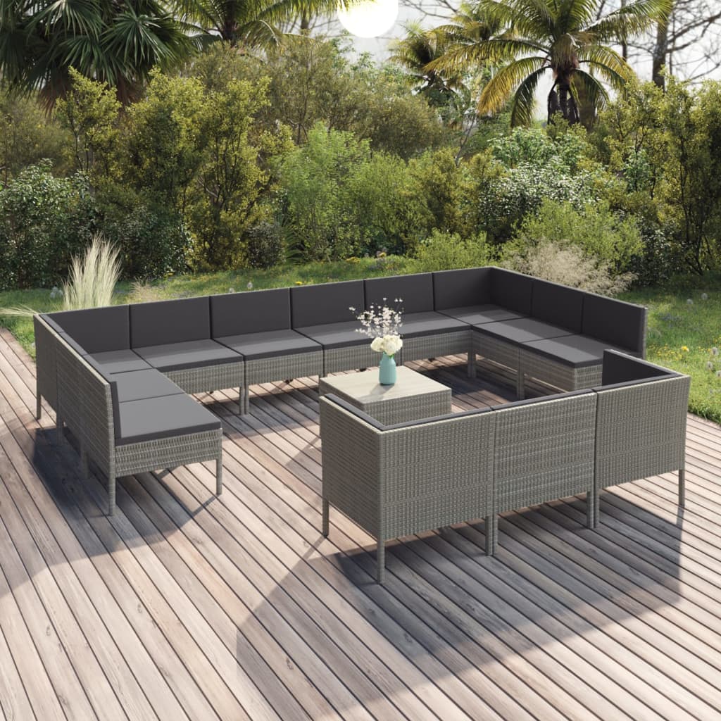 Salon de jardin 14 pcs avec coussins Résine tressée Gris