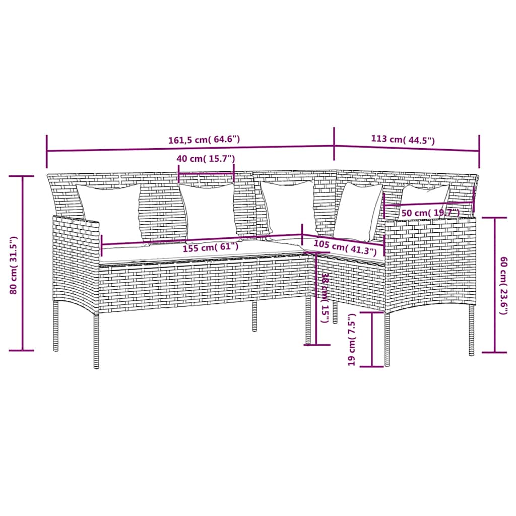 Ensemble de canapés en L 5pcs avec coussins résine tressée gris