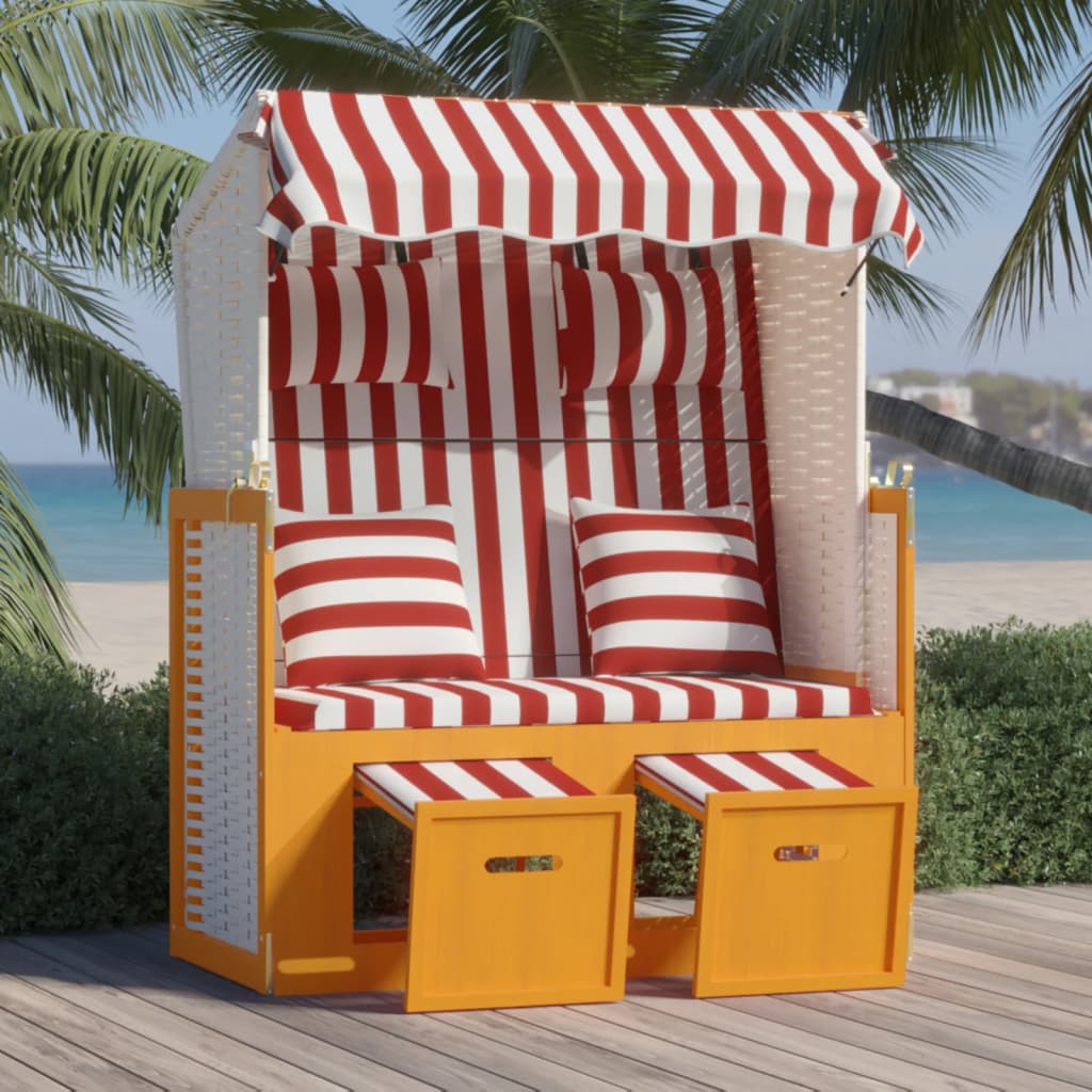 Strandkorb avec coussins Résine tressée bois solide Rouge blanc Bains de soleil vidaXL