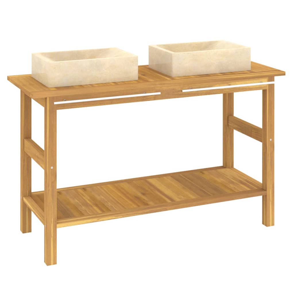 Armoire de salle de bain et lavabos en marbre crème Teck massif - XIOS