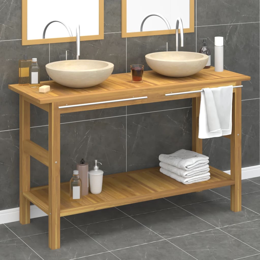Armoire de salle de bain et lavabos en marbre crème Teck massif - XIOS