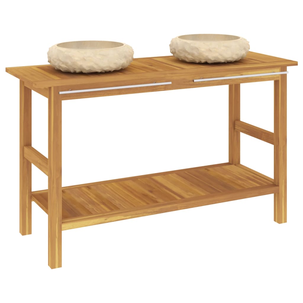 Armoire de salle de bain et lavabos en marbre crème Teck massif - XIOS