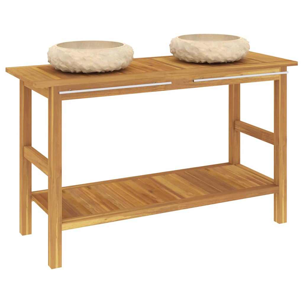 Armoire de salle de bain et lavabos en marbre crème Teck massif