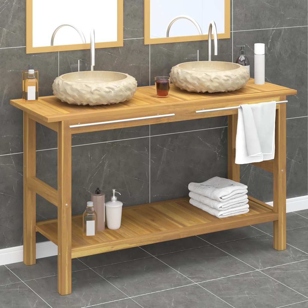 Armoire de salle de bain et lavabos en marbre crème Teck massif