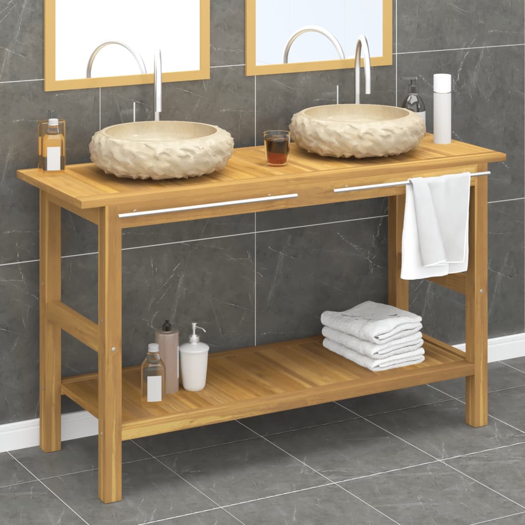 Armoire de salle de bain et lavabos en marbre crème Teck massif - XIOS