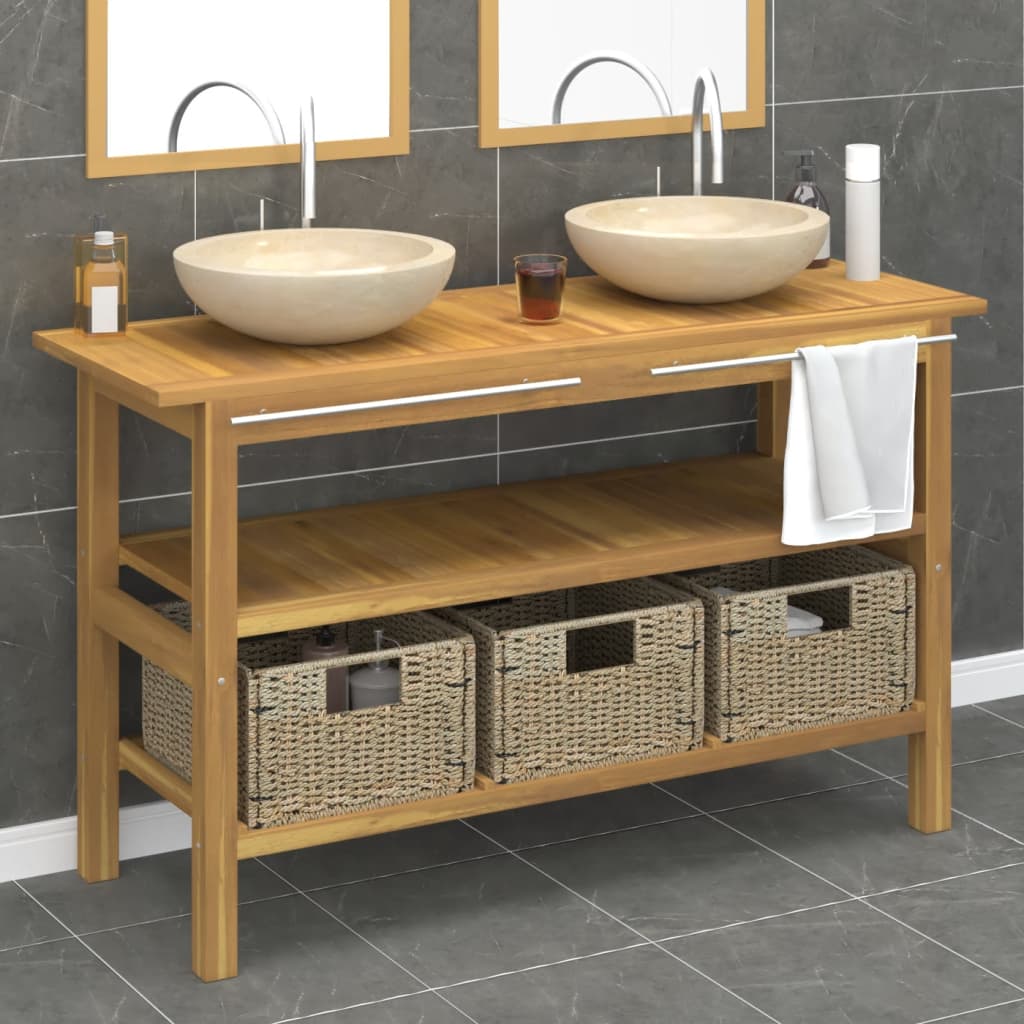 Armoire de salle de bain et lavabos en marbre crème Teck massif - XIOS