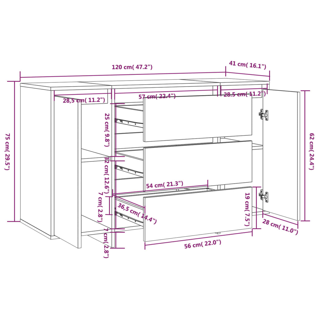 Buffet avec 3 tiroirs Noir 120x41x75 cm Bois d'ingénierie - XIOS