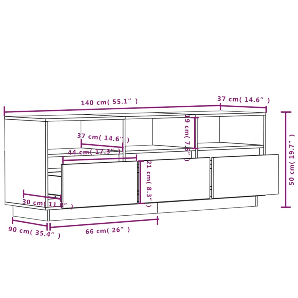 Meuble TV Blanc 140x37x50 cm Bois de pin massif - XIOS