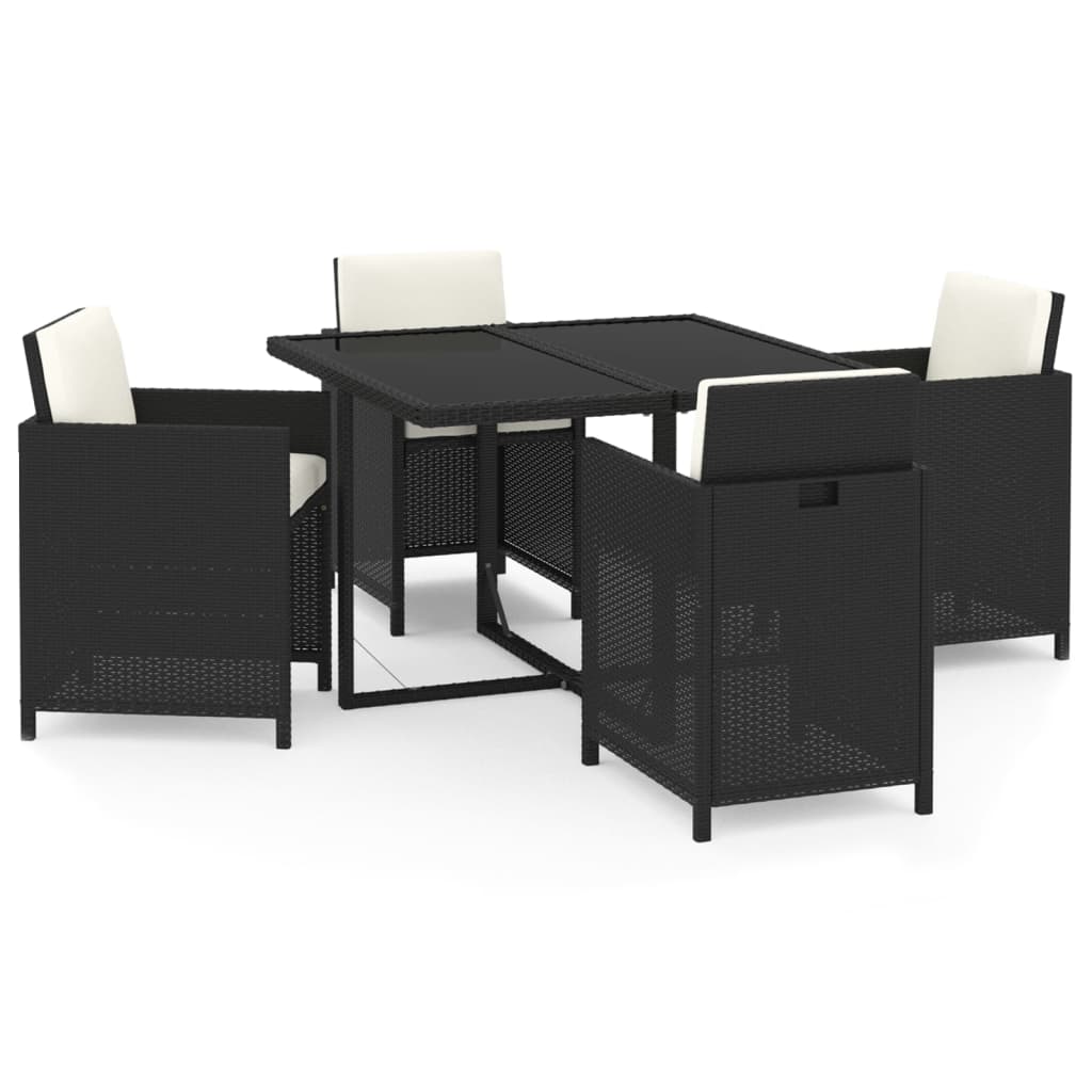 Ensemble à dîner de jardin avec coussins 5 pcs poly rotin noir