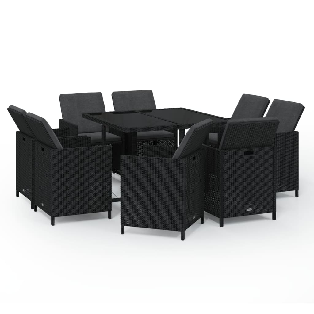 Ensemble à manger de jardin coussins 9pcs Résine tressée Noir