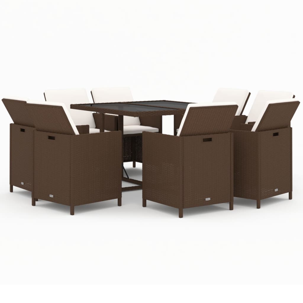 Ensemble à manger de jardin et coussins 9 pcs Poly rotin Marron