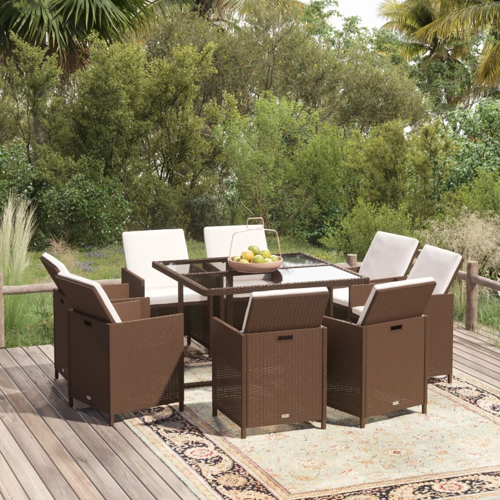Ensemble à manger de jardin et coussins 9 pcs Poly rotin Marron