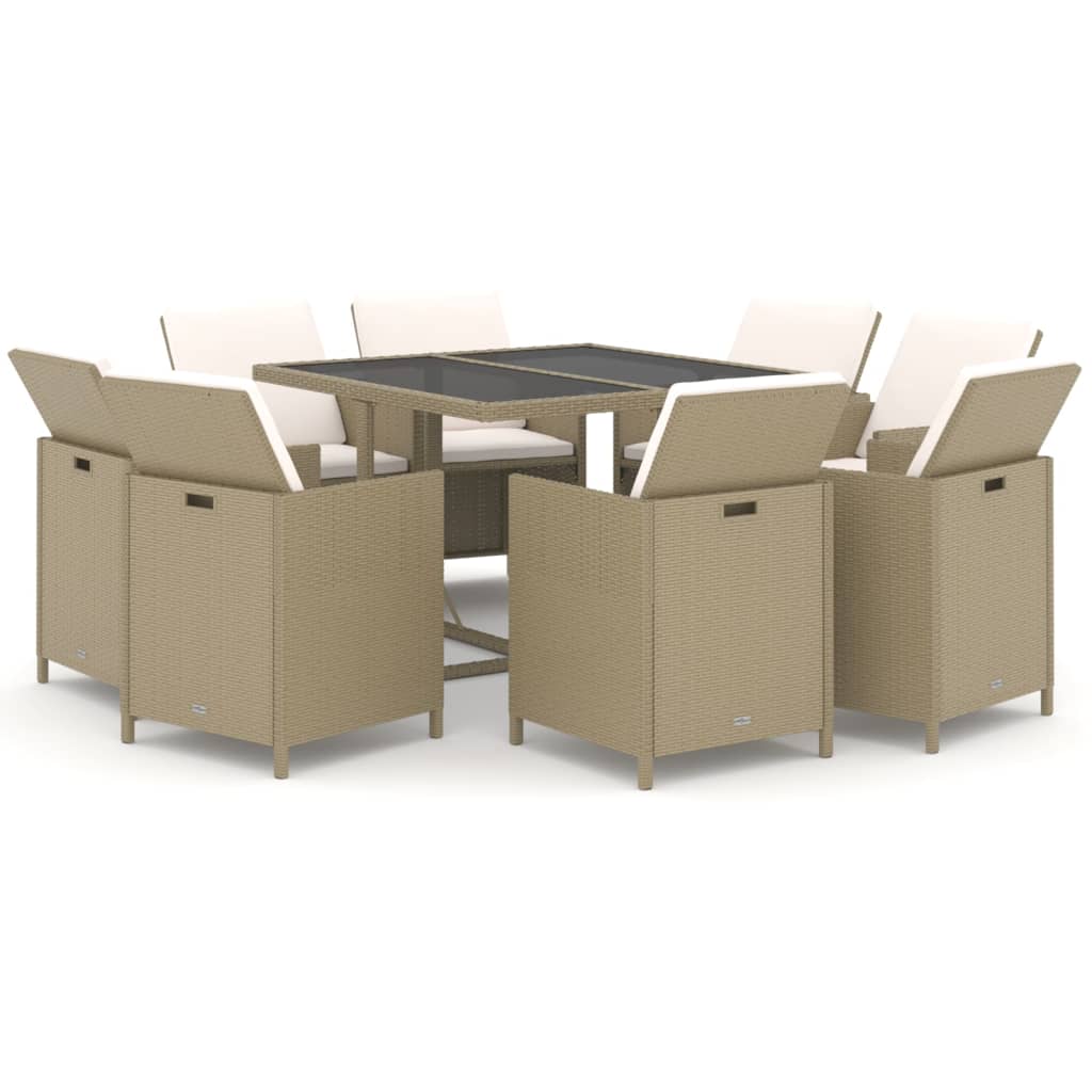 Ensemble à manger de jardin et coussins 9 pcs Poly rotin Beige