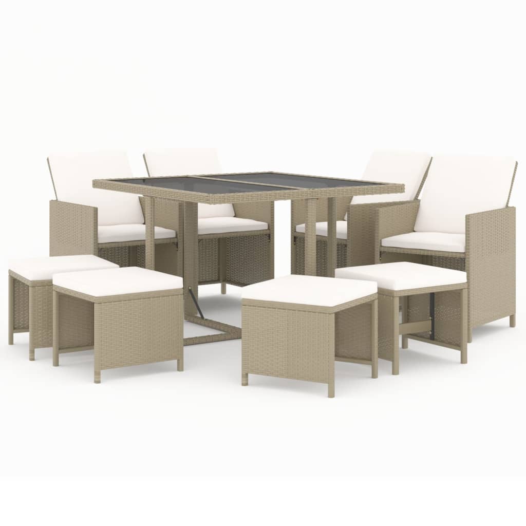 Ensemble à manger de jardin et coussins 9 pcs Poly rotin Beige