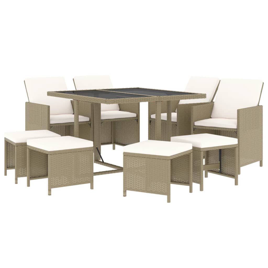 Ensemble à manger de jardin et coussins 9 pcs Poly rotin Beige