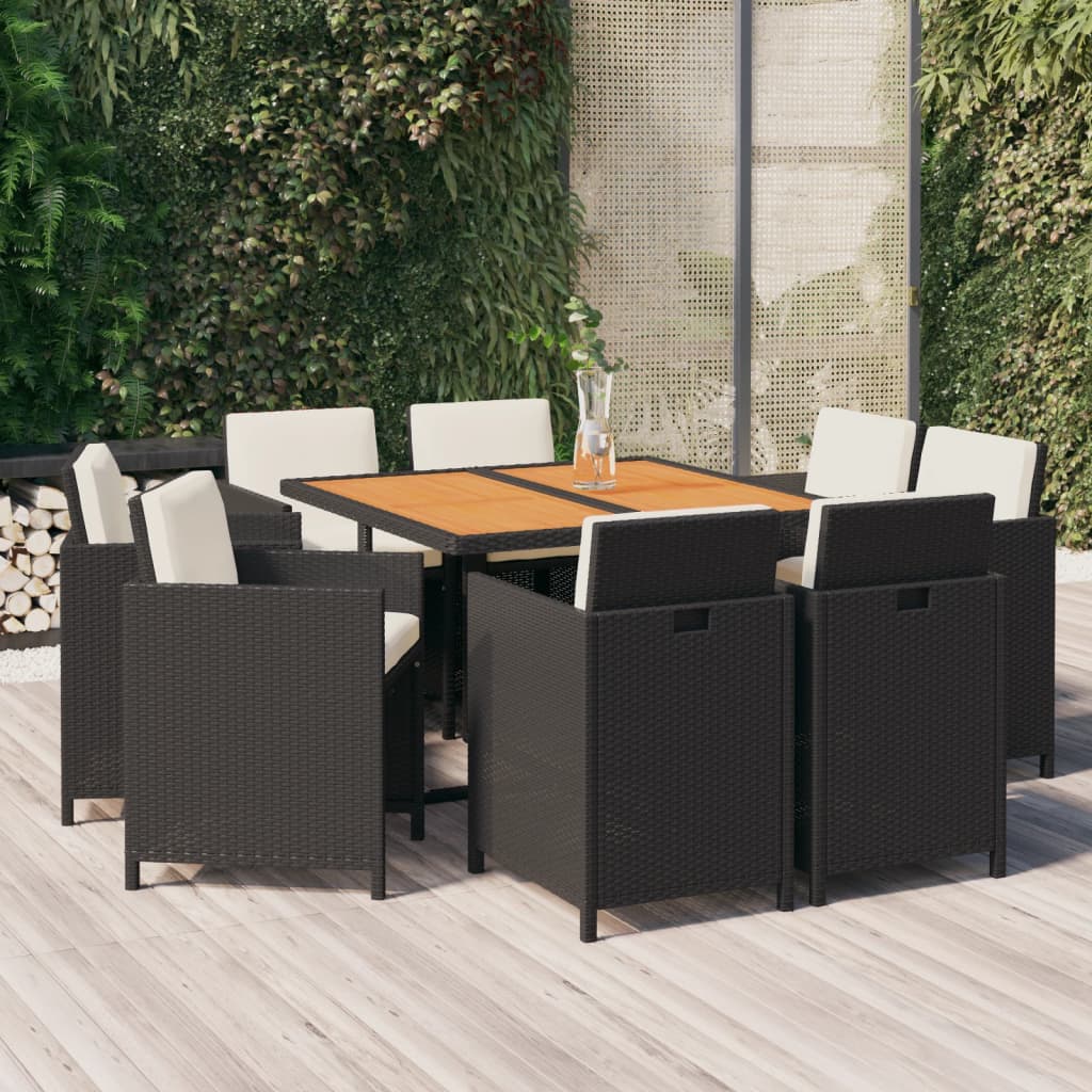 Ensemble à manger de jardin coussins 9pcs Résine tressée Noir