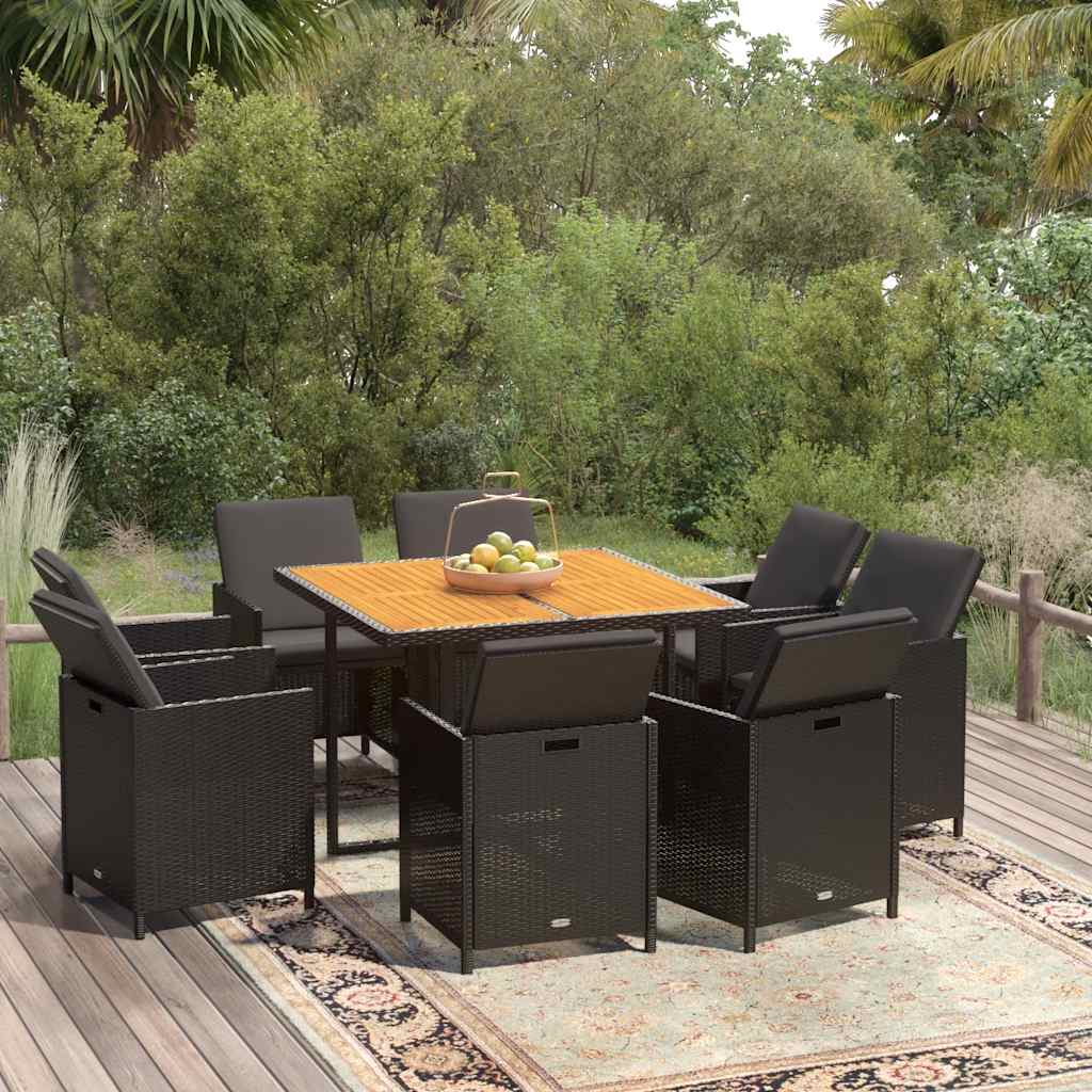 Ensemble à manger de jardin coussins 9pcs Résine tressée Noir