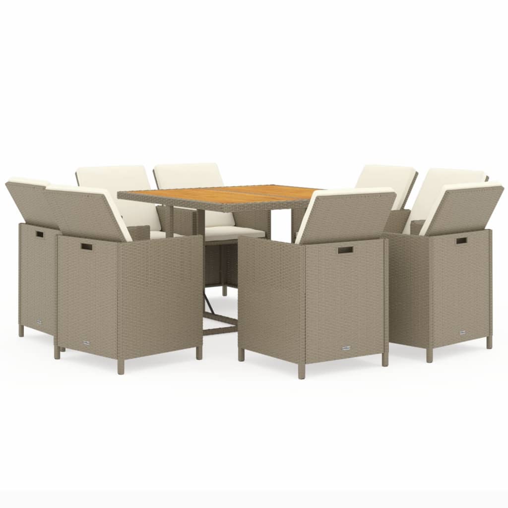 Ensemble à manger de jardin et coussins 9 pcs Poly rotin Beige
