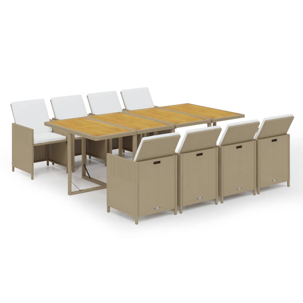 Ensemble à manger de jardin et coussins 9 pcs Poly rotin Beige