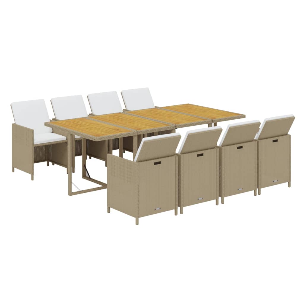 Ensemble à manger de jardin et coussins 9 pcs Poly rotin Beige