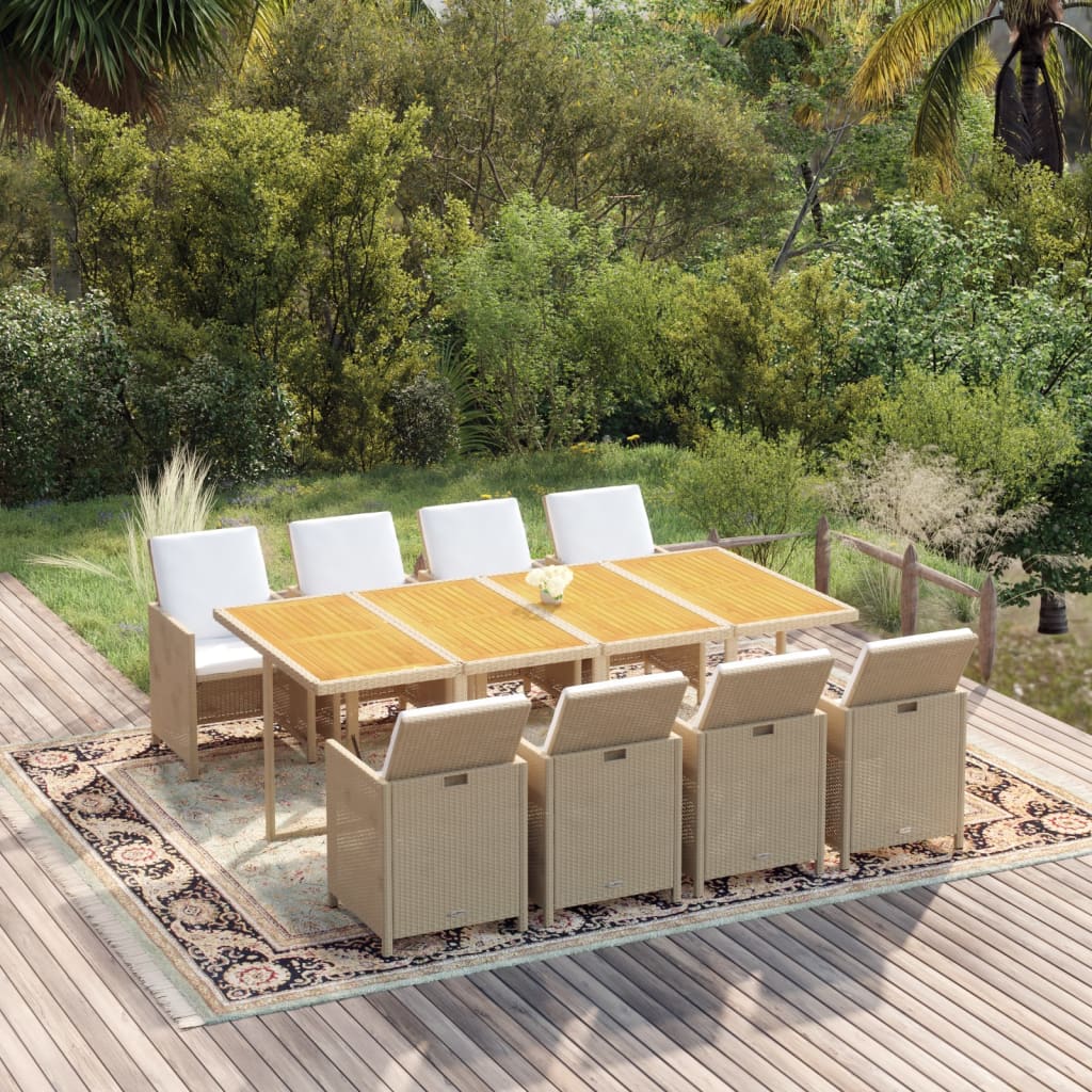 Ensemble à manger de jardin et coussins 9 pcs Poly rotin Beige