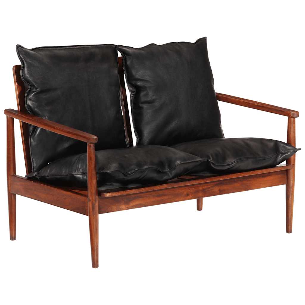 Canapé 2 places noir cuir véritable et bois d'acacia solide - XIOS