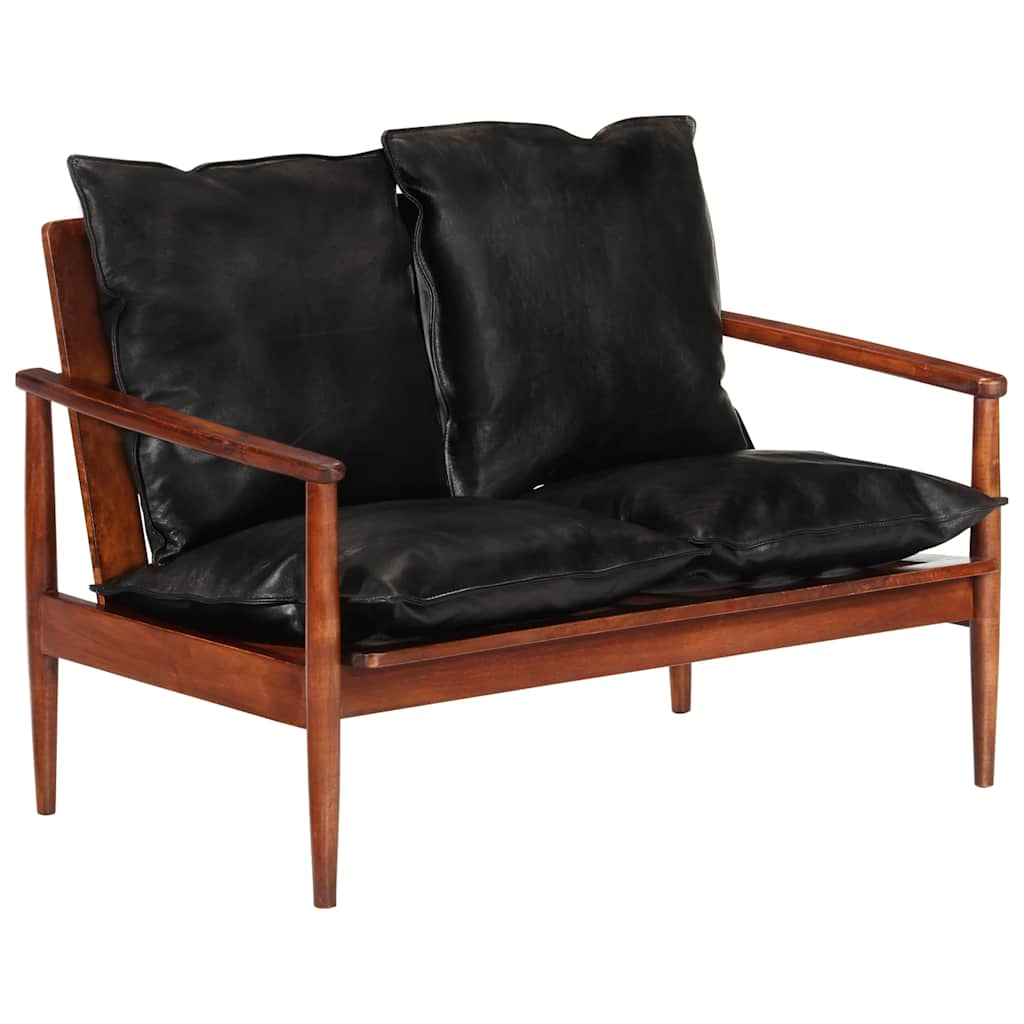 Canapé 2 places noir cuir véritable et bois d'acacia solide - XIOS