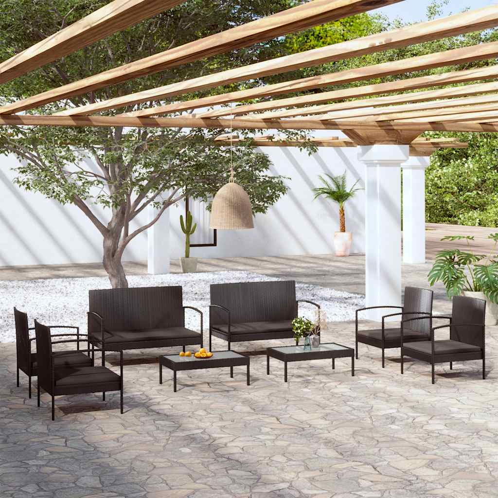 Salon de jardin 8 pcs avec coussins résine tressée noir