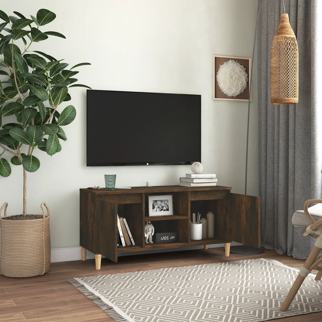 Meuble TV avec pieds en bois solide Chêne fumé 103,5x35x50 cm - XIOS