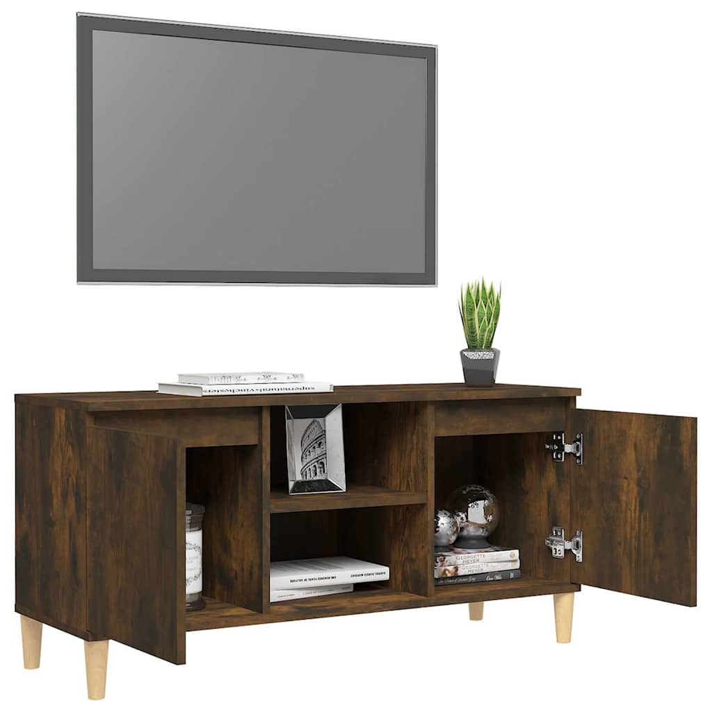 Meuble TV avec pieds en bois solide Chêne fumé 103,5x35x50 cm