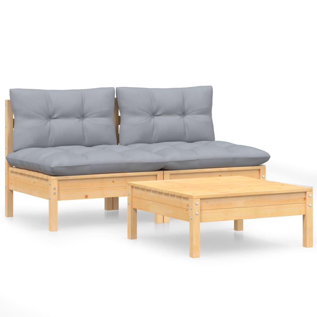 Salon de jardin 3 pcs avec coussins gris Bois de pin