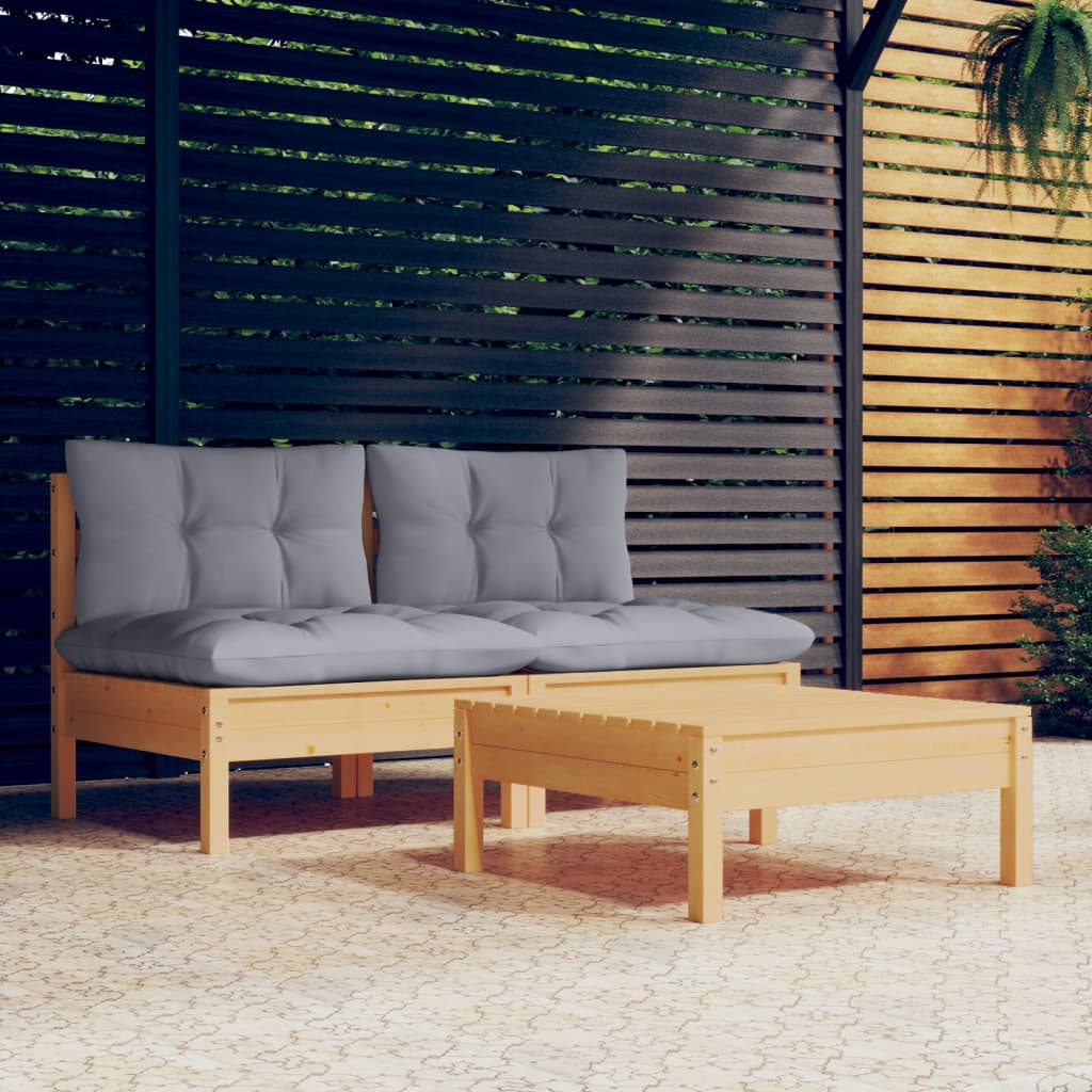 Salon de jardin 3 pcs avec coussins gris Bois de pin