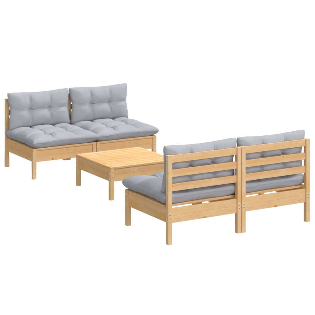 Salon de jardin 5 pcs avec coussins gris bois de pin
