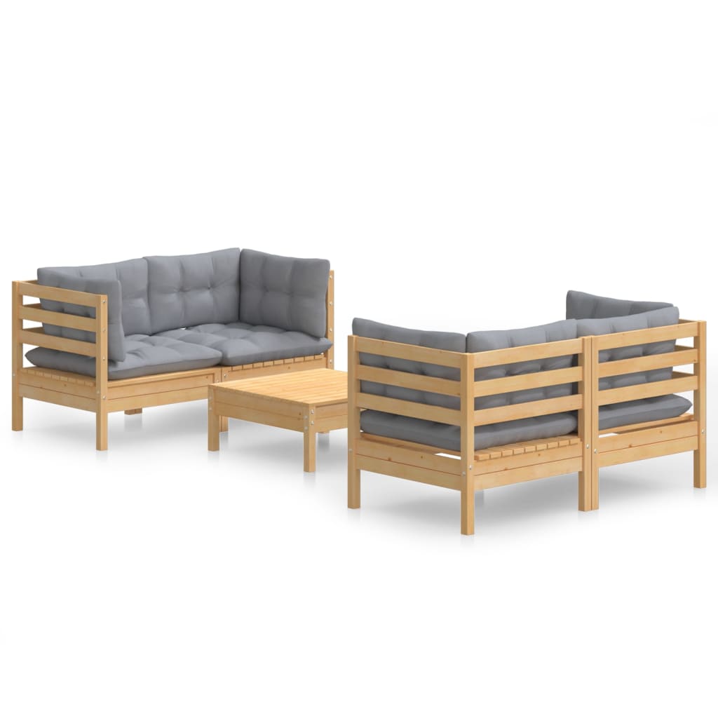 Salon de jardin 5 pcs avec coussins gris bois de pin