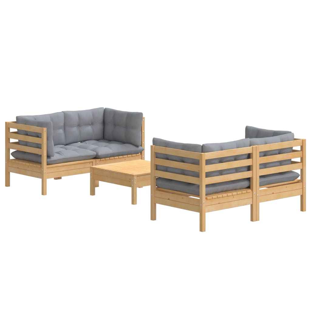 Salon de jardin 5 pcs avec coussins gris bois de pin