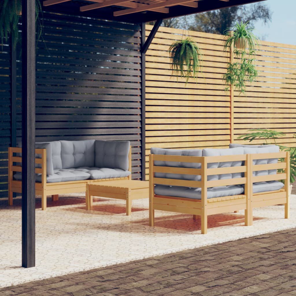 Salon de jardin 5 pcs avec coussins gris bois de pin