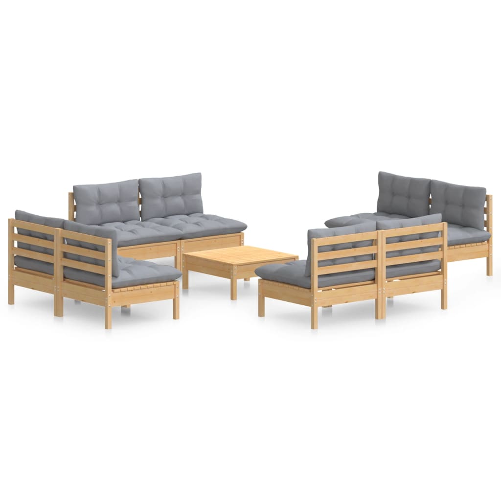 Salon de jardin 9 pcs avec coussins gris bois de pin