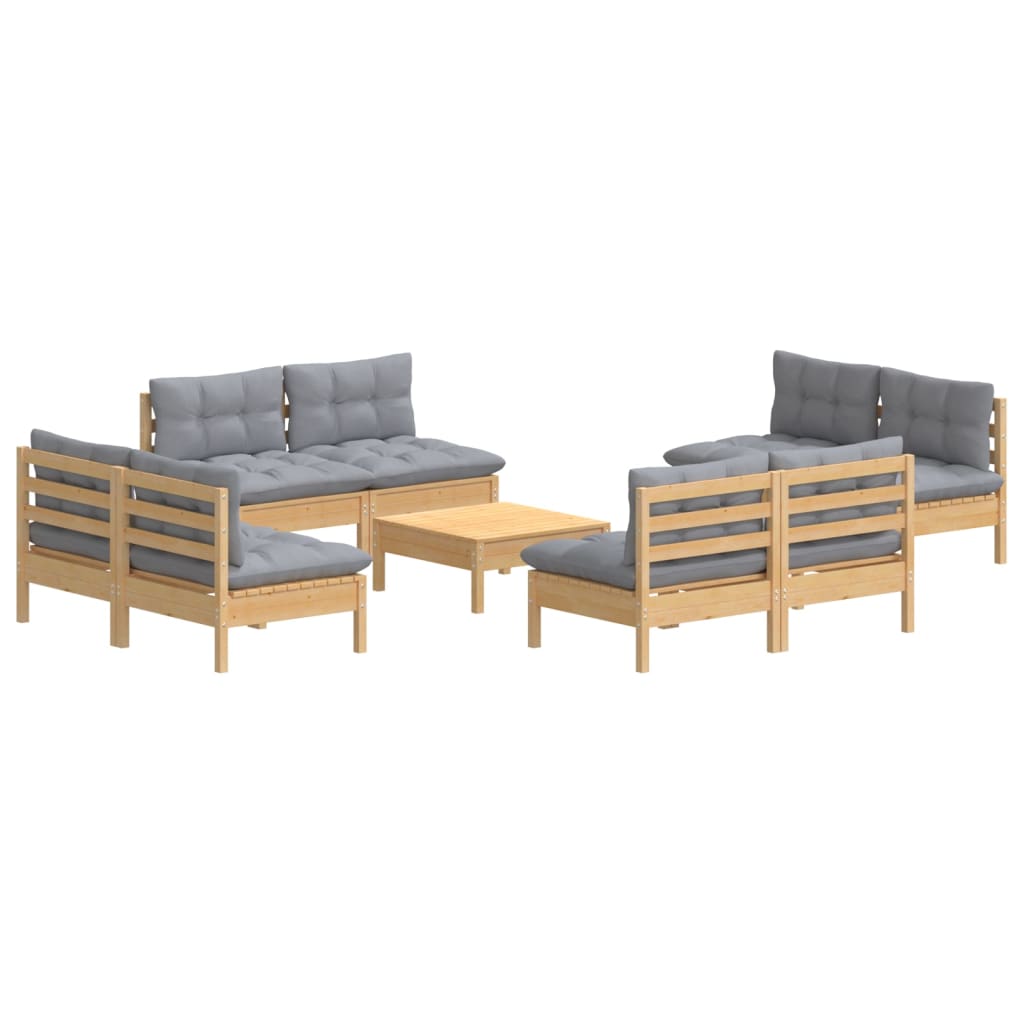 Salon de jardin 9 pcs avec coussins gris bois de pin