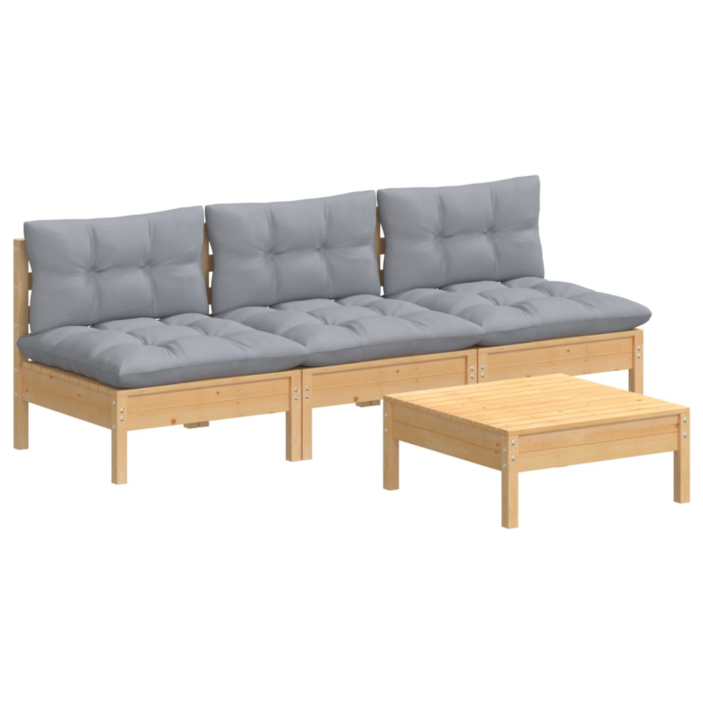 Salon de jardin 4 pcs avec coussins gris Bois de pin