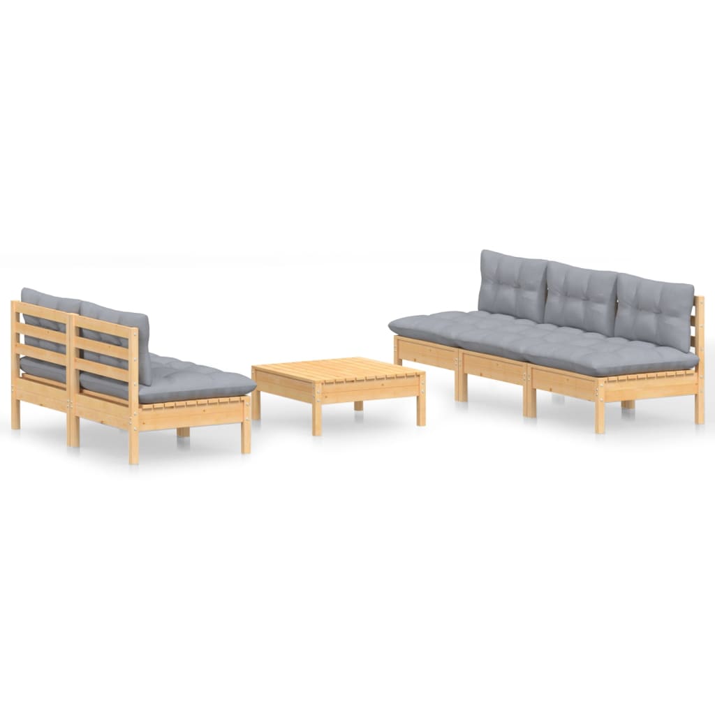 Salon de jardin 6 pcs avec coussins gris bois de pin