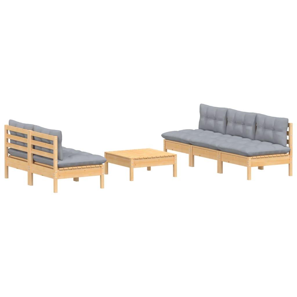 Salon de jardin 6 pcs avec coussins gris bois de pin