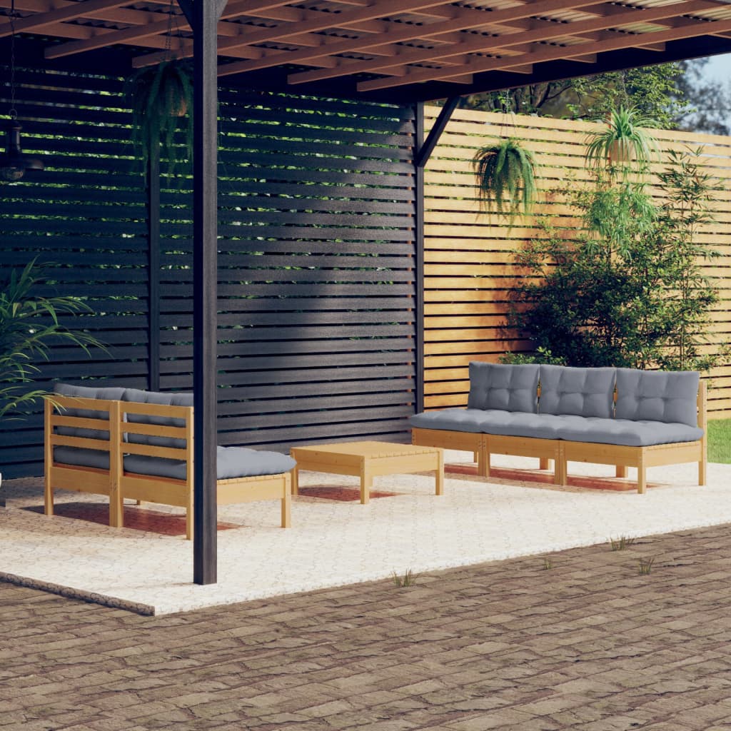 Salon de jardin 6 pcs avec coussins gris bois de pin
