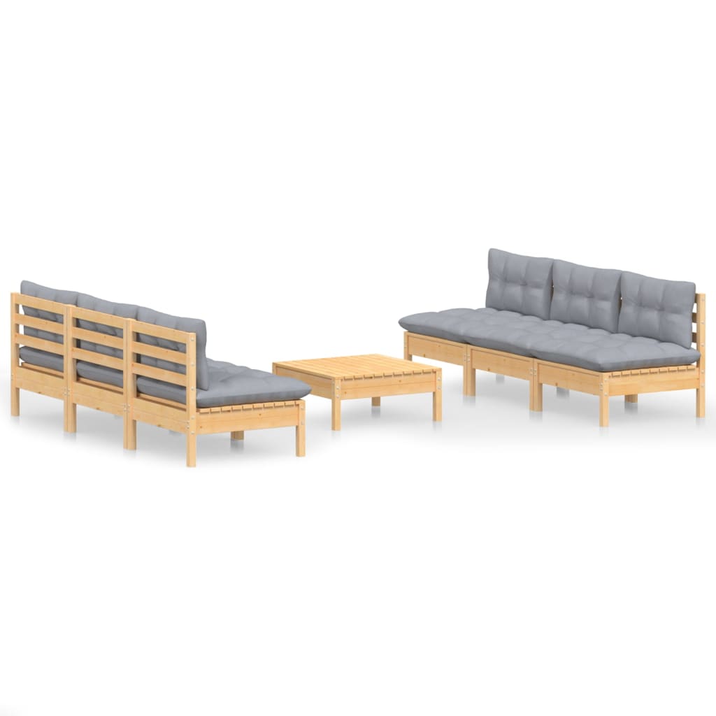 Salon de jardin 7 pcs avec coussins gris bois de pin