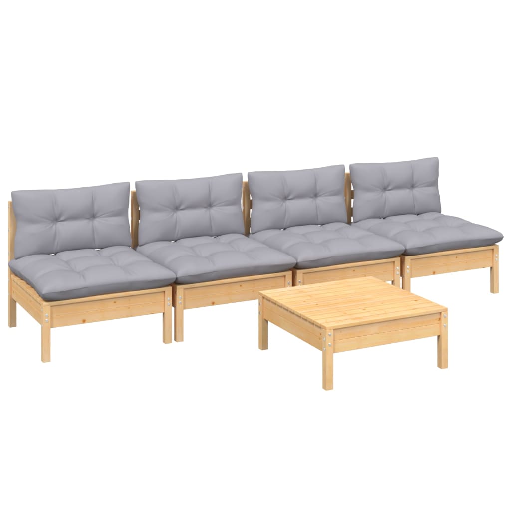 Salon de jardin 5 pcs avec coussins gris bois de pin