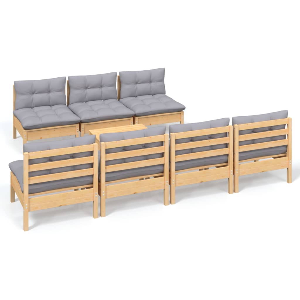 Salon de jardin 8 pcs avec coussins gris Bois de pin