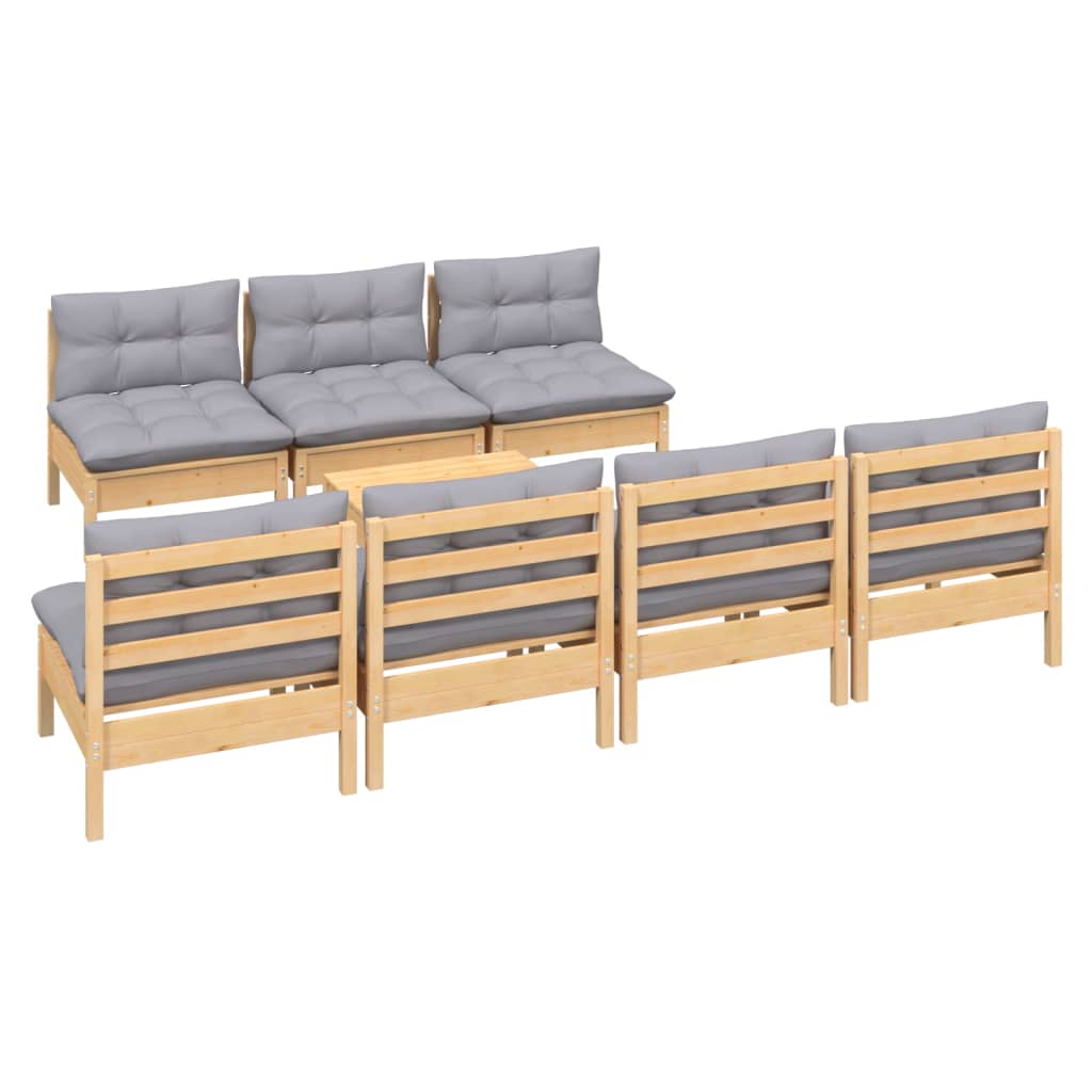 Salon de jardin 8 pcs avec coussins gris Bois de pin