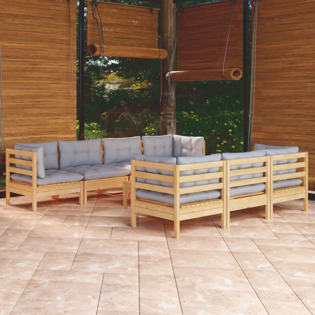 Salon de jardin 8 pcs avec coussins gris Bois de pin massif