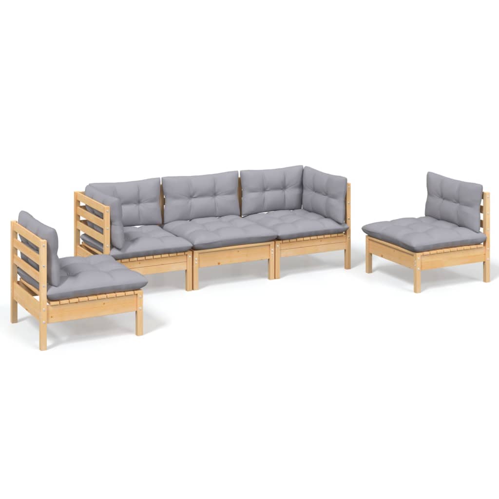 Salon de jardin 5 pcs avec coussins gris bois de pin massif