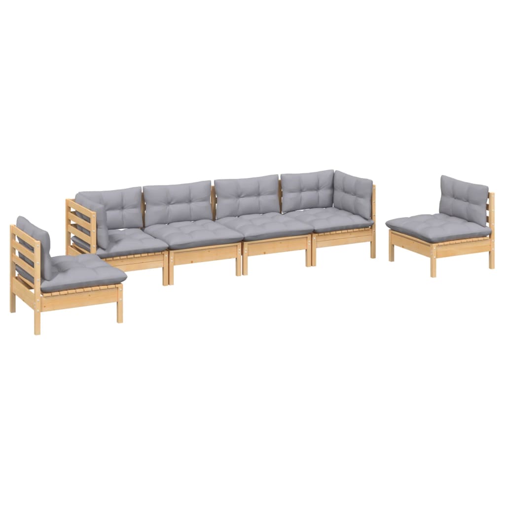 Salon de jardin 6 pcs avec coussins gris Bois de pin massif