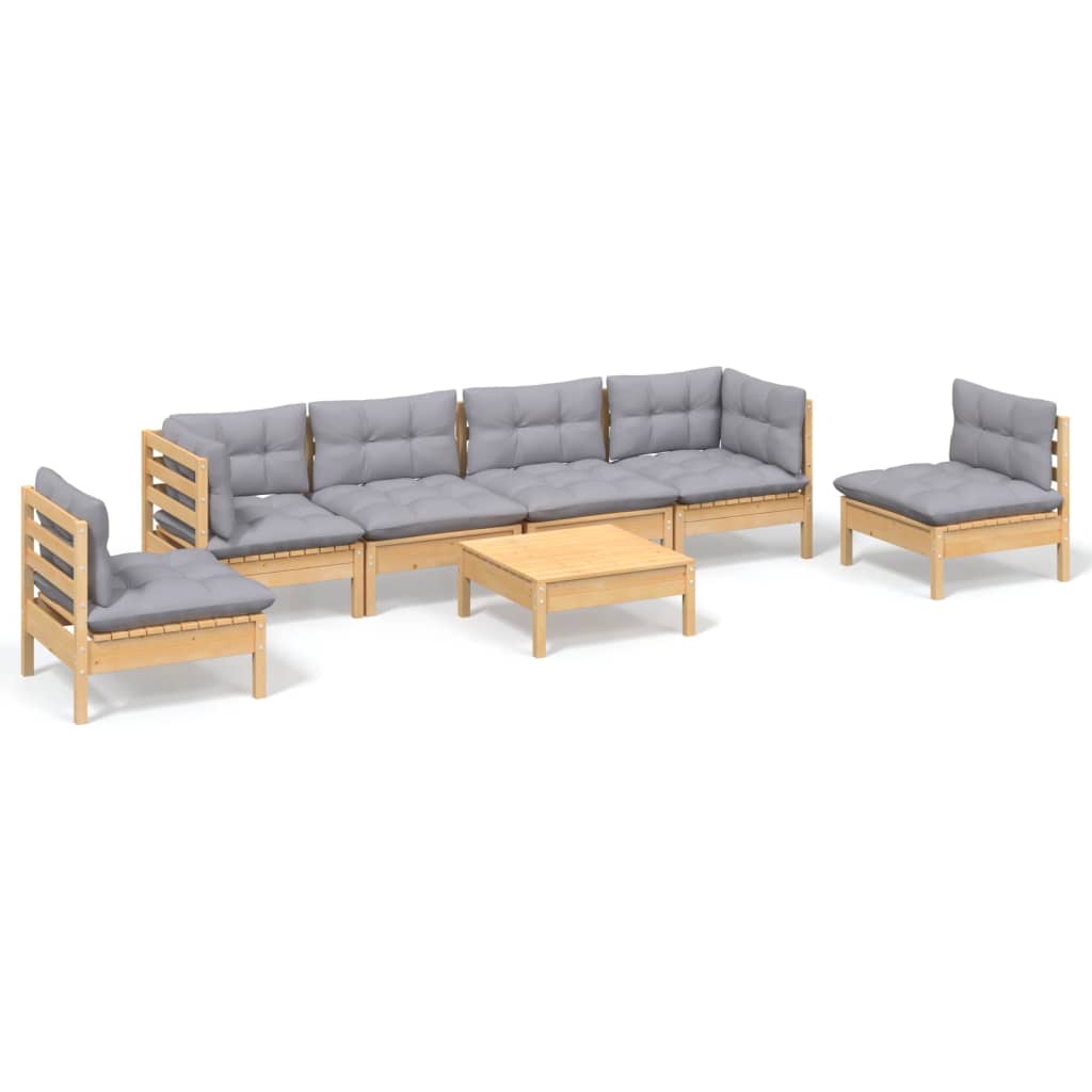 Salon de jardin 7 pcs avec coussins gris bois de pin massif